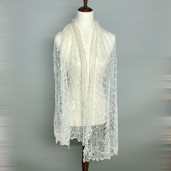 Goat Wool Lace Knit Oblong Shawl Scarf Handmade Russian Orenburg Style Ivory - Picture 10 of 11